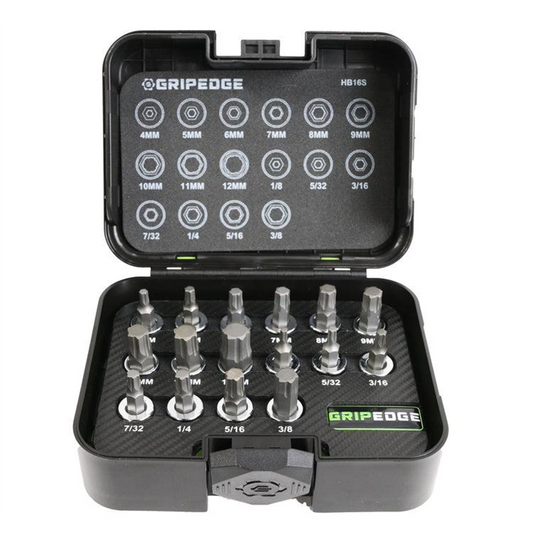 Grip Edge Tools 16 Piece 3/8 Inch Drive Short Metric & SAE RPT Hex Driver Set