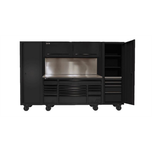 Homak Manufacturing 120"" RS PRO CTS Roller Cabinet & Side Lockers Combo with Solid Backsplash - Black