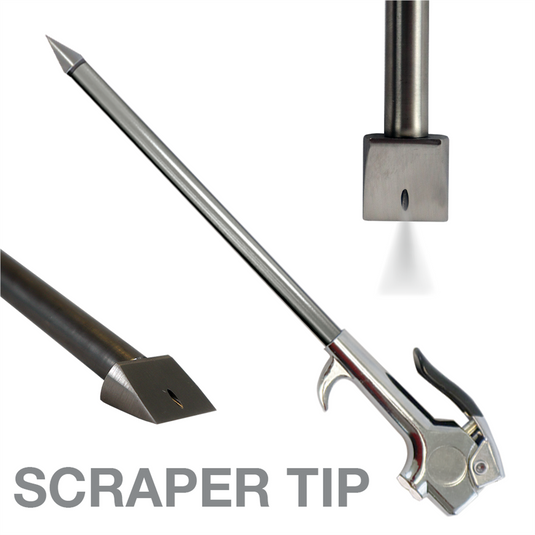 Innovative Products of America&reg; The Air-Scraper Blow Gun combines air pressure and scouring action to remove and blow away stuck-on debris faster than other methods
