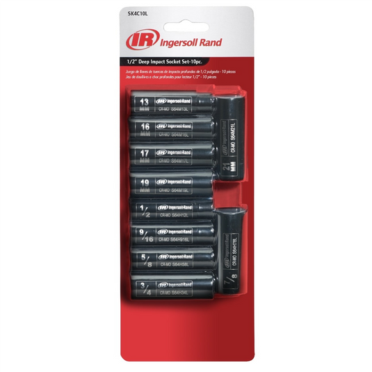 Ingersoll Rand 1/2"" Drive Hex Deep Metric & SAE Impact Socket Set; 10-Piece
