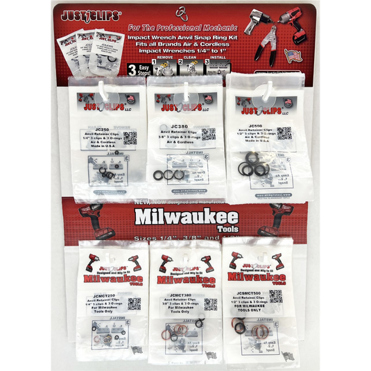 Just Clips 6 Hook Display of Milwaukee and Just Clips Snap rings and o-rings.  1/4"" ; 3/8"" & 1/2"" in both sytles