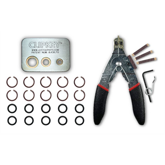 JUST CLIPS TOOL KIT WITH SNAP RING PLIERS; A CLIPKEY AND 10 SETS OF 1/2"" FRICTION RINGS & O-RINGS