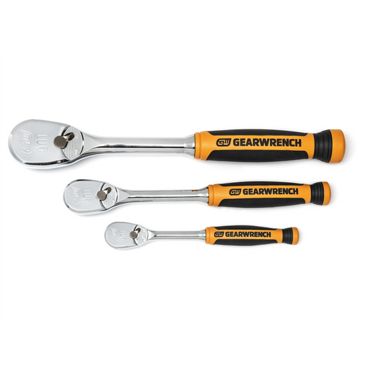 GearWrench 3 Piece 1/4 Inch; 3/8 Inch & 1/2 Inch Drive 90-Tooth Dual Material Teardrop Ratchet Set