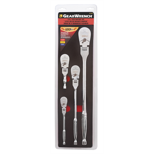 GearWrench 4 Piece 1/4 Inch; 3/8 Inch; and 1/2 Inch Drive 120XP Full Polish Flex Handle Teardrop Ratchet Set