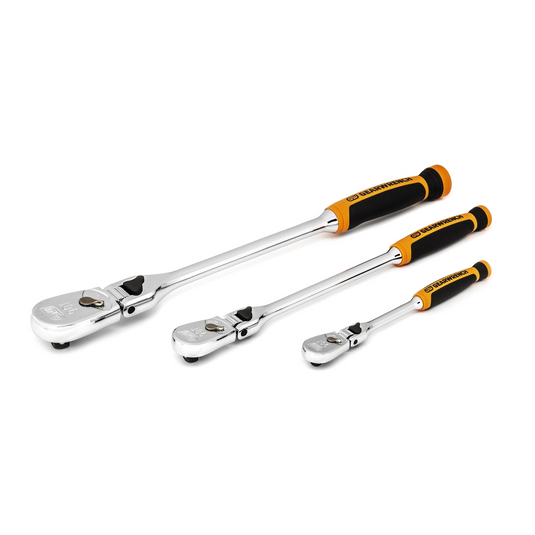 GearWrench 3 Piece 1/4 Inch; 3/8 Inch & 1/2 Inch Drive 90-Tooth Dual Material Locking Flex Head Ratchet Set