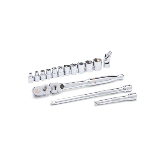 GearWrench 15 Piece 1/4 Inch Drive 120XP Locking Flex Head Ratchet and 6 Point Metric Stubby Socket Mechanics Tool Set