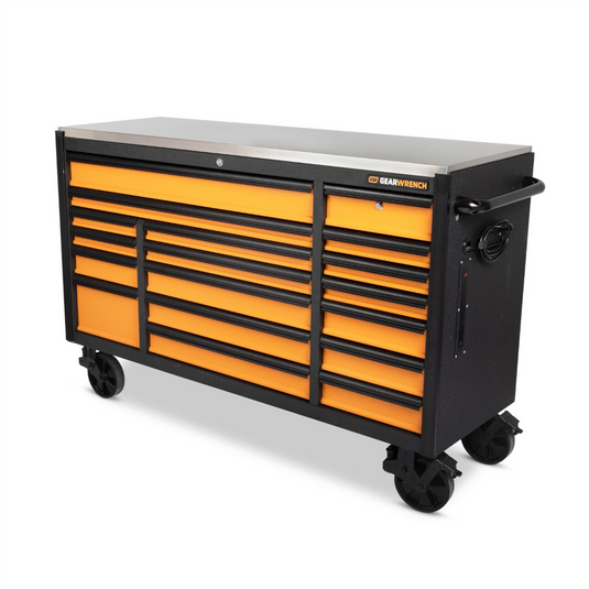 GearWrench 72 Inch 18 Drawer Rolling Tool Cabinet with Stainless Steel Worktop with Black Drawer Pull