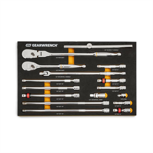 GearWrench 16 Piece 1/2 Inch 90-Tooth Ratchet & Drive Tool Set with Foam Storage Tray