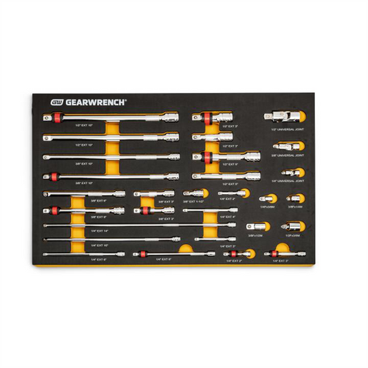 GearWrench 29 Piece 1/4 Inch; 3/8 Inch; 1/2 Inch Drive Master Chrome Drive Tool Accessories Set with Foam Storage Tray