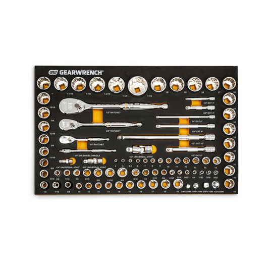 GearWrench 83 Piece 1/4 Inch; 3/8 Inch; & 1/2 Inch 90-Tooth SAE/Metric Mechanics Tool Set with Foam Storage Tray