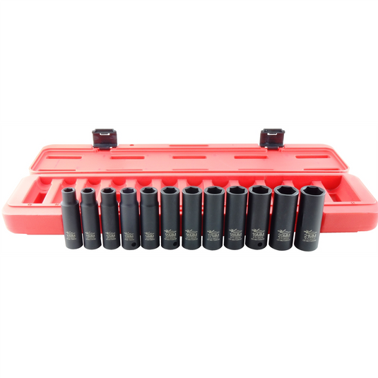 K Tool International Impact Socket Set 12 Piece Metric Thin Wall 1/2 in. Drive - Deep