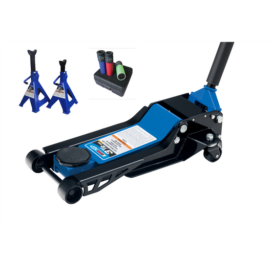 K Tool International Service Jack 3.5 Ton Low Profile/Jack Stands 6 Ton/Wheel Socket Set 3 pc KIT