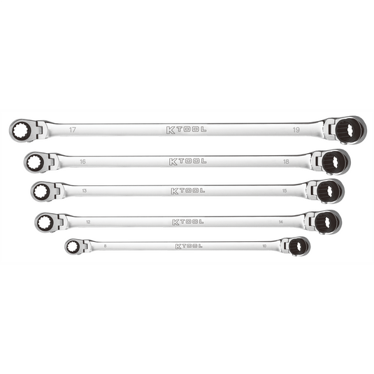 K Tool International Wrench Set 5 Piece Metric Ratcheting Reversible Double Box Flexible Extra Long Universal Spline 90 Tooth