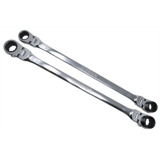 K Tool International Wrench Set 2 Piece Metric Ratcheting Reversible Flexible Extra Long Double Box Universal Spline 90 Tooth