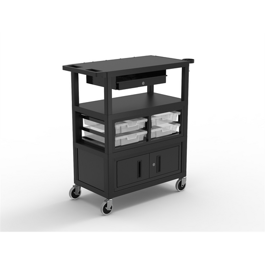 Luxor 32"" x 18"" Deluxe Cart with Locking Cabinet; Storage Bins; Keyboard Tray; Pocket Chart Hooks; and Cup Holder