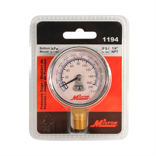 Milton Industries Gage 1/4"" NPT; 0-160 PSI - Bottom Mount