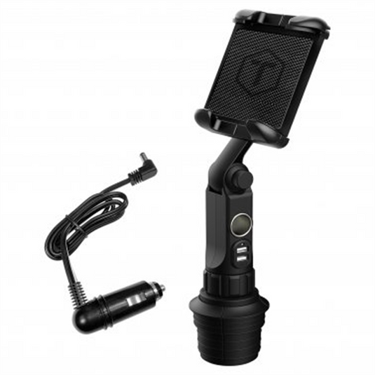 ToughTested Power Boom powered Cupholder mount with universal Navigator Tablet holder.  Single 12V Socket; Dual USB ports with heavy duty 12V power cord and plug