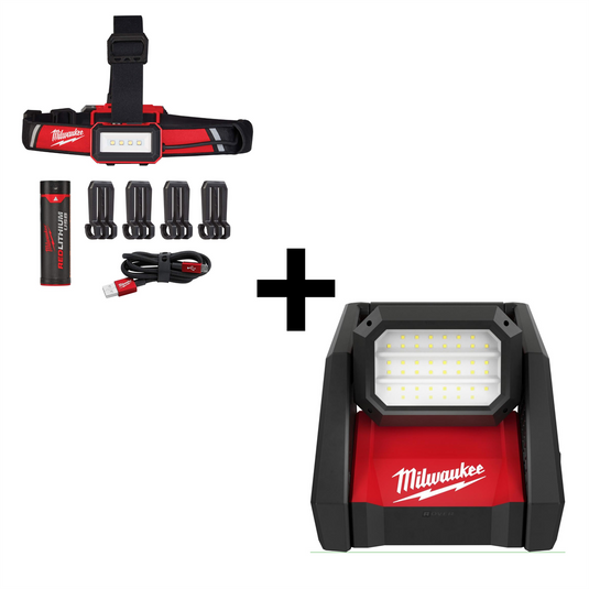 Milwaukee Tool MLW2366-20 M18 ROVER Dual Power Flood Light + MLW2115-21 REDLITHIUM&trade; USB Low-Profile Headlamp Bundle