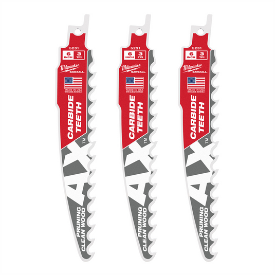 Milwaukee Tool 6"" 3 TPI The AX with Carbide Teeth for Pruning & Clean Wood SAWZALL Blade 3PK