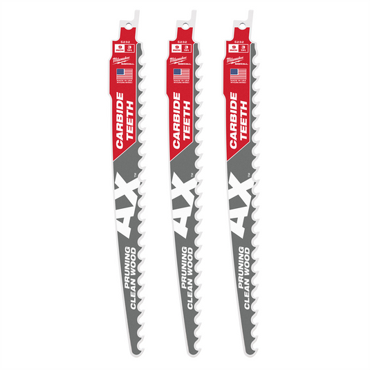 Milwaukee Tool 9"" 3 TPI The AX with Carbide Teeth for Pruning & Clean Wood SAWZALL Blade 3PK