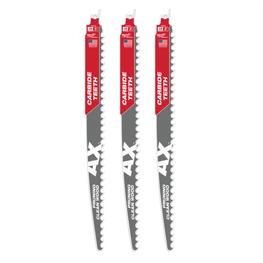 Milwaukee Tool 12"" 3 TPI The AX with Carbide Teeth for Pruning & Clean Wood SAWZALL Blade 3PK