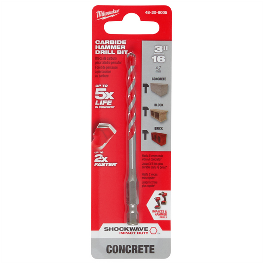 Milwaukee Tool 3/16"" x 2"" x 4"" SHOCKWAVE Impact Duty Carbide Hammer Drill Bit