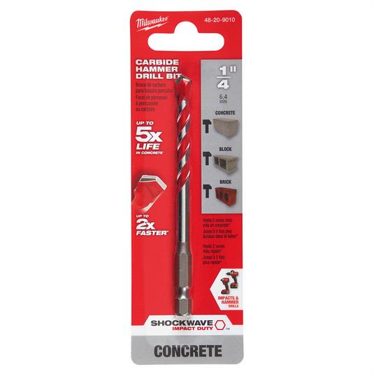 Milwaukee Tool 1/4"" x 2"" x 4"" SHOCKWAVE Impact Duty Carbide Hammer Drill Bit