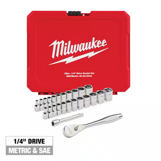 Milwaukee Tool 25pc 1/4"" Drive Metric & SAE Ratchet and Socket Set with FOUR FLAT SIDES