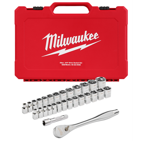 Milwaukee Tool 29pc 3/8"" Drive Metric & SAE Ratchet and Socket Set with FOUR FLAT SIDES