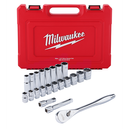Milwaukee Tool 22 pc 1/2"" Drive SAE Ratchet and Socket Set with FOUR FLAT Sides