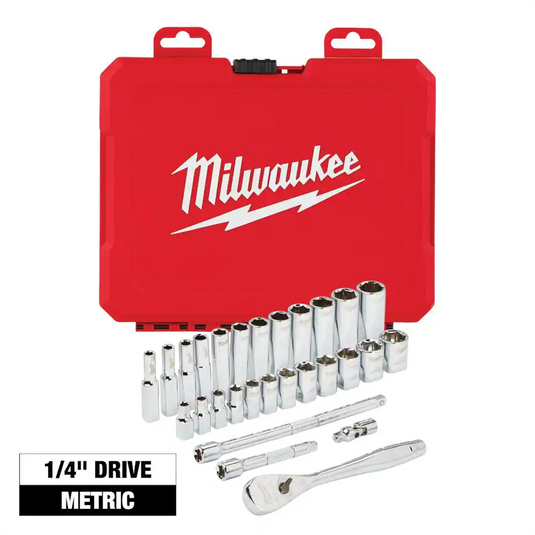 Milwaukee Tool 28pc 1/4"" Drive Metric Ratchet & Socket Set with FOUR FLAT Sides