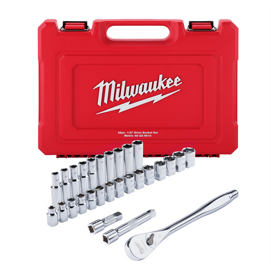 Milwaukee Tool 28 pc 1/2"" Drive Metric Ratchet and Socket Set with FOUR FLAT Sides