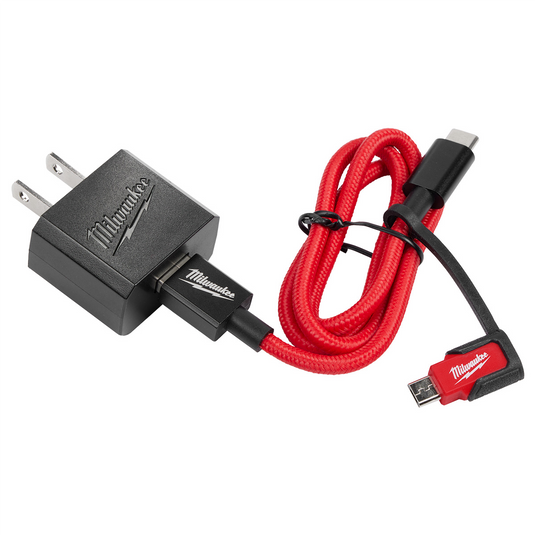 Milwaukee Tool 3 Foot USB-C and 2.1A Wall Charger with Micro USB Adaptor