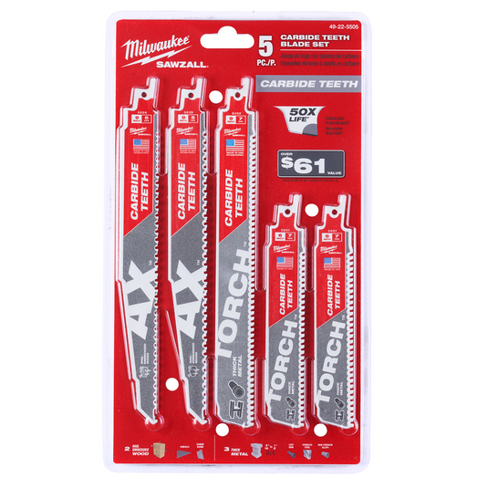Milwaukee Tool SAWZALL Carbide Demolition Wood and Metal Cutting Reciprocating Saw Blade Set (5-Piece)