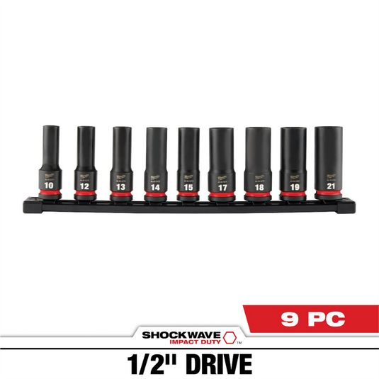 Milwaukee Tool 9PC SHOCKWAVE Impact Duty 1/2"" Drive Metric Deep 6 Point Socket Set