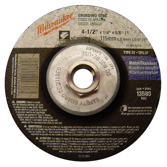 Milwaukee Tool 4-1/2"" x 1/4"" x 5/8-11"" Grinding Wheel (Type 27)