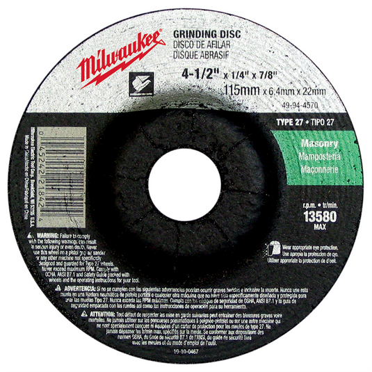 Milwaukee Tool Grinding Wheel 4-1/2"" x 1/4"" x 7/8"" (Type 27)