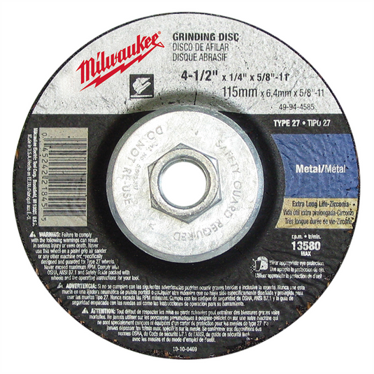 Milwaukee Tool 4-1/2"" x 1/4"" x 5/8-11"" Grinding Wheel (Type 27)