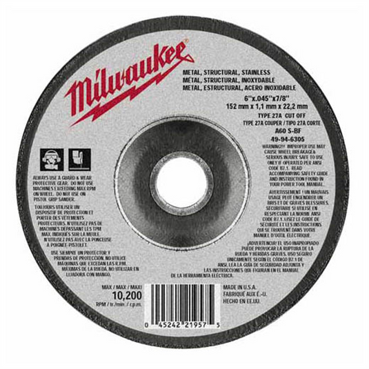 Milwaukee Tool 6"" x .045"" x 7/8"" Cut-Off Wheel (Type 27)