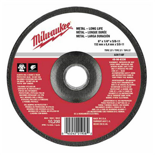 Milwaukee Tool 6"" x 1/4"" x 5/8-11"" Grinding Wheel (Type 27)