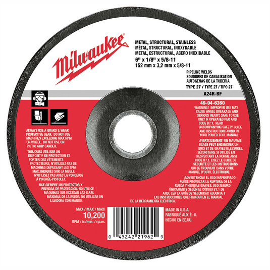 Milwaukee Tool 6"" x 1/8"" x 5/8-11"" Grinding Wheel (Type 27)
