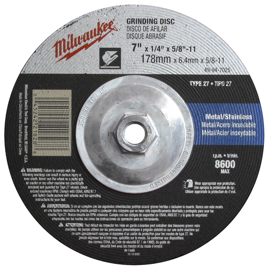 Milwaukee Tool 7"" x 1/4"" x 7/8"" Grinding Wheel (Type 27)