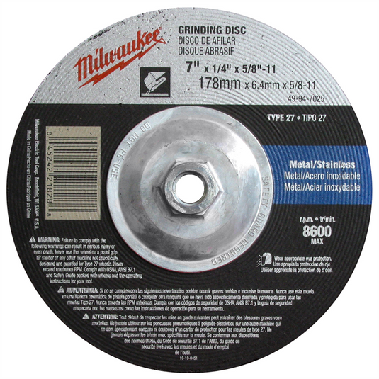 Milwaukee Tool 7"" x 1/4"" x 5/8-11"" Grinding Wheel (Type 27)