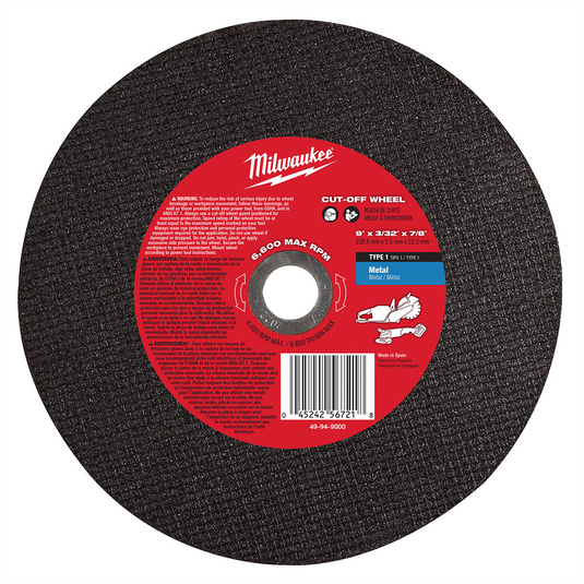 Milwaukee Tool 9"" x 3/32"" x 7/8"" Cut-Off Wheel (Type 1)