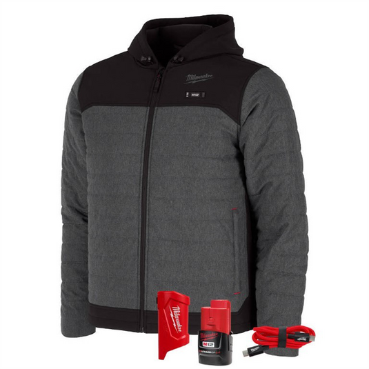 Milwaukee Tool M12 Heated Axis Hooded Jacket Kit with Hexon Heat Technology; 2X - Grey/Black