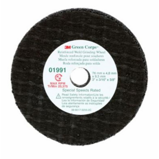3M 3M&trade; Green Corps&trade; Reinforced Weld Grinding Wheel; 01991; 3 in x 3/16 in x 3/8 in; 5 wheels per pack; 10 packs per case