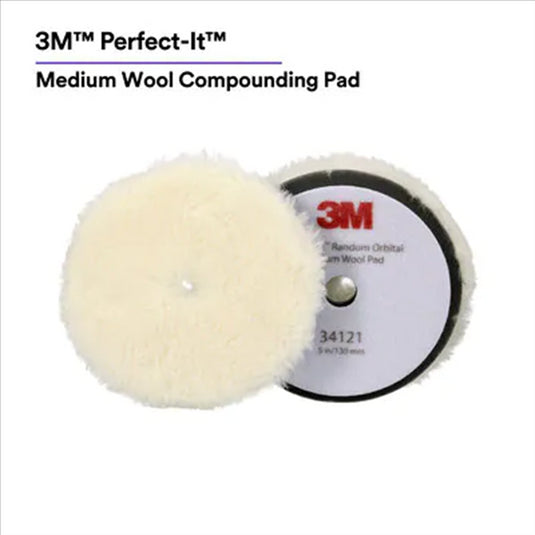 3M 3M™ Perfect-It™ Random Orbital Medium Wool Compounding Pad 34121; 5 Inch (130 mm); White; 2 Pads/Bag