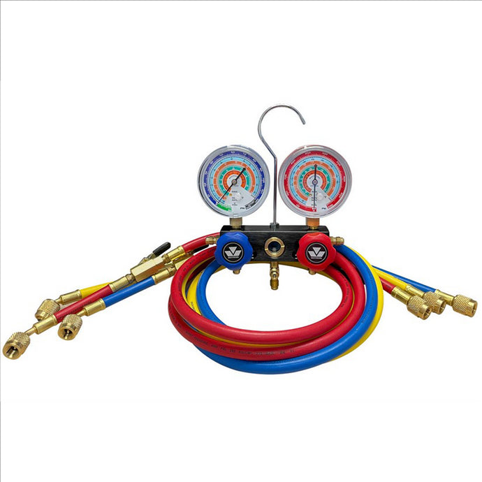 Mastercool R134a; R404A; R407C & R507A 2-WAY ALUMINUM MANIFOLD GAUGE SET WITH NYLON BARRIER HOSES AND BALL VALVES