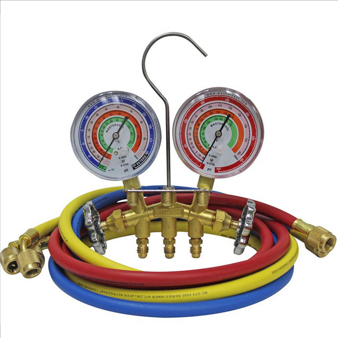 Mastercool R410A; R22; R404A 2-Way Brass Manifold Gauge Set includes 3 ‐ 36? R410A hoses with standard 1/4? SAE fittings packaged in a clamshellBALL VALVE MANIFOLD R22