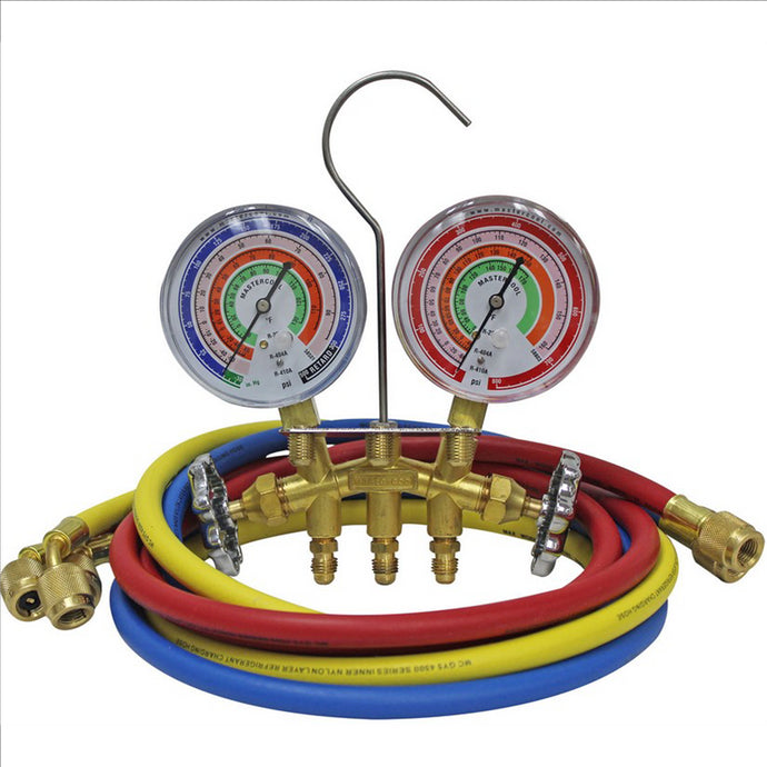 Mastercool R410A; R22; R404A 2-Way Brass Manifold Gauge Set includes 3 ‐ 60? R410A hoses with standard 1/4? SAE fittings packaged in a clamshell